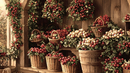 Naklejka premium Rustic autumn harvest display, fruit stand, abundant berries, wooden shelves, warm lighting, perfect for seasonal greeting cards