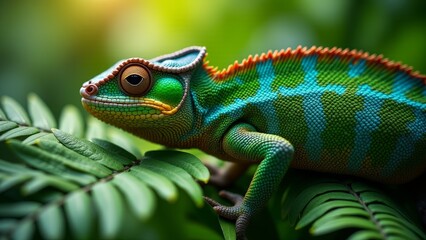 Fototapeta premium Colorful Chameleon Resting On Green Leaves