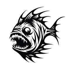 Black silhouette of piranha fish with open mouth and sharp teeth on white background