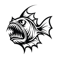 Monochrome Piranha with Sharp Teeth, Aggressive River Fish, Black and White Silhouette