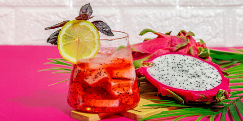 Dragon fruit refreshment drink. Pitaya tropical beverage, smoothie, cocktail. Sweet lemonade