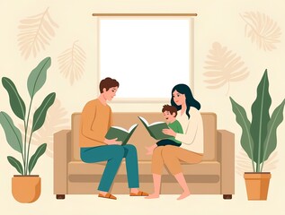Fototapeta premium Parents reading book to child in peaceful eco-themed living room filled with plants, nurturing love, trust, and learning