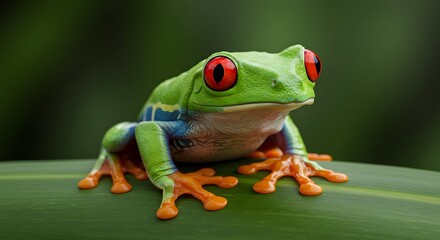 Naklejka premium A cute, small, colorful red-eyed tree frog, a green amphibian, rests on a leaf in its tropical nature