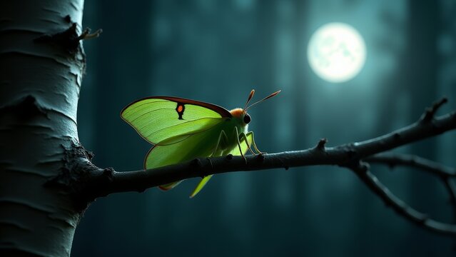 Luna Moth Resting On Tree Branch