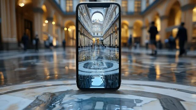 Smartphone displaying a city arcade, showcasing architectural details.