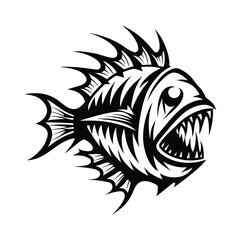 SharpToothed Piranha Fish Outline, Black and White Tattoo Style, Aquatic Predator Design
