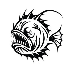 Tribal Anglerfish Silhouette, Black and White Predator, Deep Sea Fish with Sharp Teeth