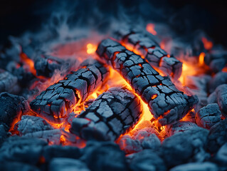 Fototapeta premium Glowing embers nestled radiating warmth and textured charcoal with wisps of smoke dancing around