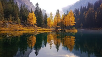 Golden autumn trees reflected in calm lake.