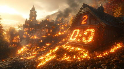 Hillside town engulfed in flames clock tower visible amidst burning buildings Countdown timer shows 002