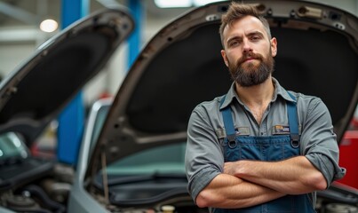  a bearded mechanic standing near an open car hood, arms crossed, oil stains on shirt. closeup with harsh workshop light 