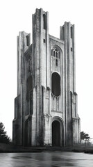 Monochromatic view of a large imposing stone structure resembling a gothic cathedral or fortress featuring tall narro