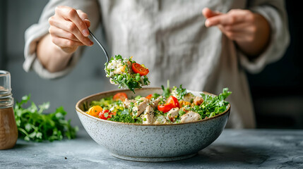 Woman Eating Healthy Salad Bowl Kitchen