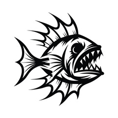 Stylized Piranha Fish Silhouette with Sharp Teeth and Fins Isolated on White