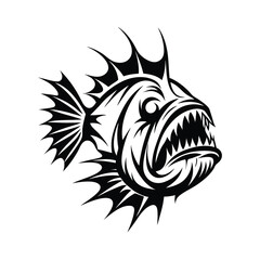 Black and White Anglerfish with Sharp Teeth and Tribal Motifs Art Design