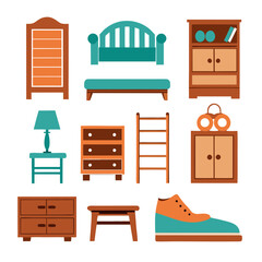 Set of wooden furniture icons