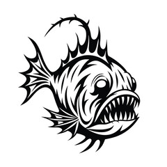 Black Silhouette Anglerfish with Sharp Teeth and Bioluminescent Lure on White Background