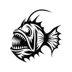 Anglerfish with Sharp Teeth, Antenna, Deep Sea Fish Creature Black and White