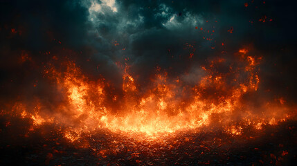Fiery inferno consuming ground dark stormy sky above Embers and smoke rise