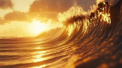 The sunlight reflects beautifully on a crashing ocean wave at sunset
