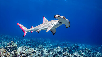 Naklejka premium Pixelated Hammerhead Shark Swimming In Blue Water Above A Coral Reef