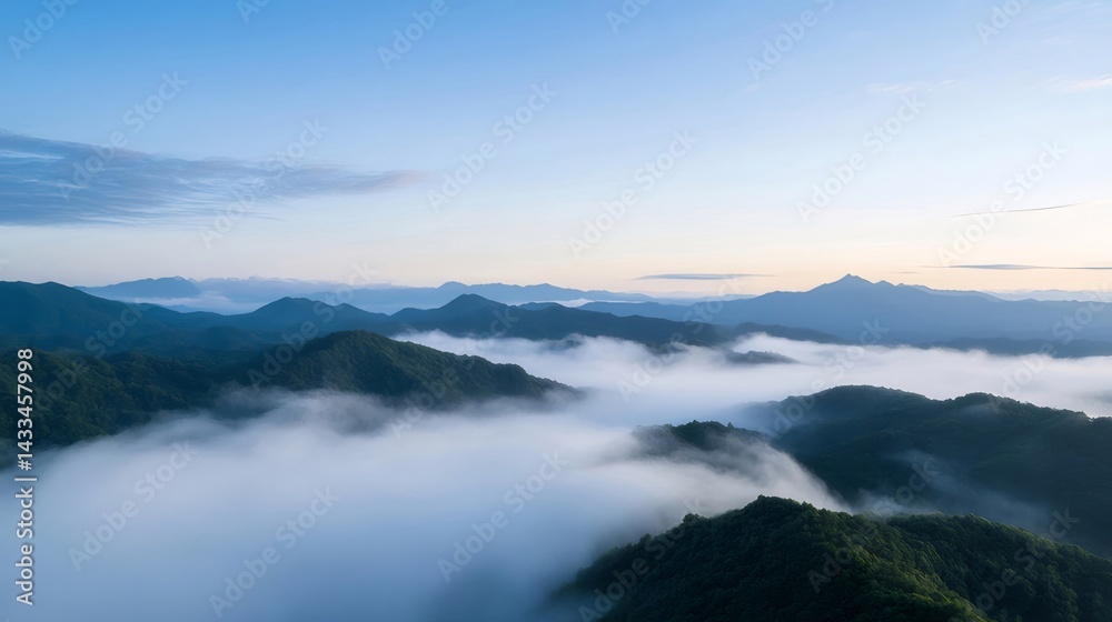 Aufkleber 青い空と霧に包まれた緑豊かな山々の朝焼け風景 広大な自然のパノラマビュー
