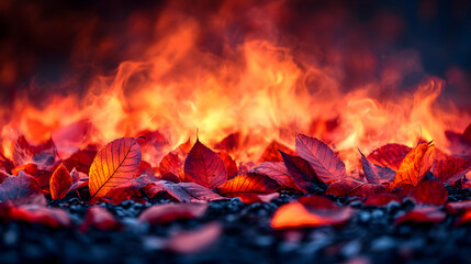 Red autumn leaves lie against an abstract fiery backdrop with a mix of dark cool and warm colors