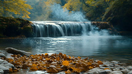 Serene autumn waterfall scene calm water fall leaves misty air
