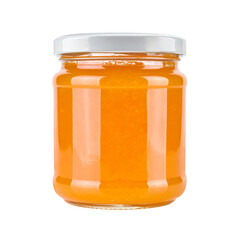 Clear glass jar with orange marmalade jam, white cap or white lid, Jam jar mockup isolated on white background.