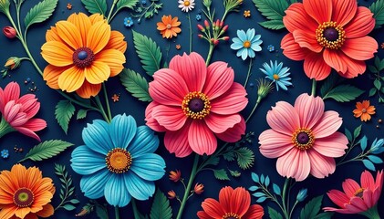 Intricate floral design, repeating seamlessly across a vibrant surface , colorful, illustration, nature