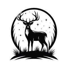 Silhouette Reindeer, Antlers, Stars, Night Sky, Circle Frame, Grass, Black and White