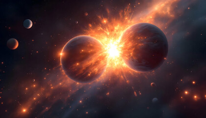 Abstract glowing orbs in dark space background energy and mystery,professional two colliding planets with explsion