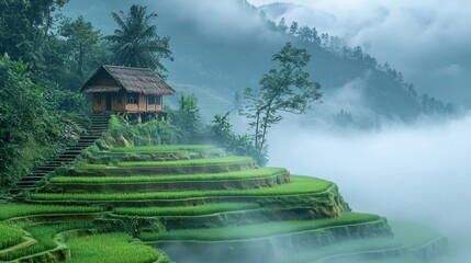 Serene Mountain Rice Terraces with Misty House