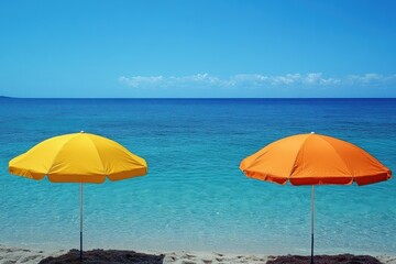 Colorful beach umbrellas next to clear blue water on sunny day Generative AI