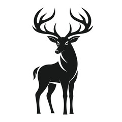 Elegant Standing Deer Silhouette with Large Antlers on a White Background, Isolated