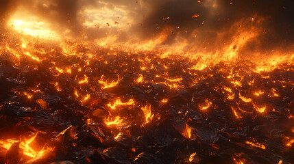 Fiery expanse with molten rock and glowing embers under a dark sky