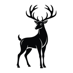 Elegant Full Black Deer Silhouette With Antlers Against Plain White Background