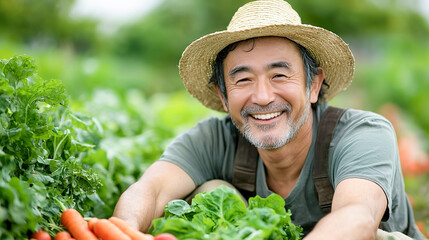 野菜畑で明るく笑う農家のアジア人の中高年男性