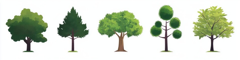 Fototapeta premium Various types of trees illustrated in a flat design style showcasing forest diversity