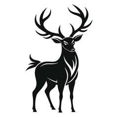 Elegant Black Silhouette of a Majestic Stag with Antlers Standing on a White Backdrop