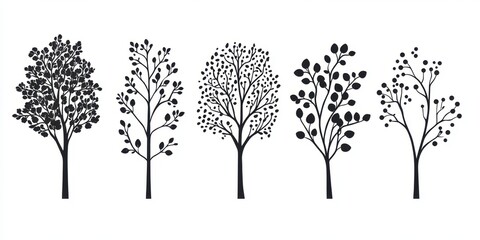 Fototapeta premium Elegant black tree silhouettes showcasing unique forms and foliage patterns on a white backdrop