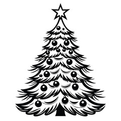 Stylized Black Christmas Tree with Star Topper and Baubles on White Background Art