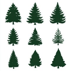 Obraz premium Silhouette Christmas tree set with simple design and various sizes on white background