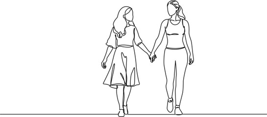 continuous single line drawing of two women walking holding hands, line art vector illustration