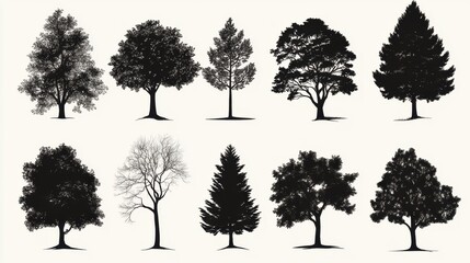 Fototapeta premium Silhouette vector design featuring various tree types with sharp contrasts on a white background