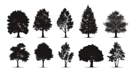 Fototapeta premium Silhouette vector design featuring various types of trees in sharp black lines on white background
