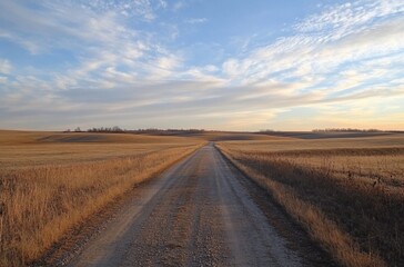 A country dirt road leading into the horizon through rolling fields at daybreak