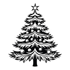 Obraz premium Ornate Monochrome Christmas Tree Silhouette with Star Topper and Bauble Decorations