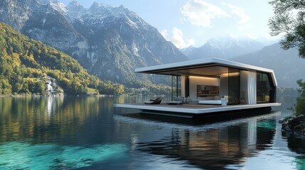 Obraz premium A futuristic floating home with a sleek design, hovering above a crystal-clear lake, blending modern architecture with nature.