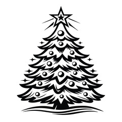 Stylized Christmas Tree Silhouette, Star Topper, Round Ornaments, Festive, Monochrome